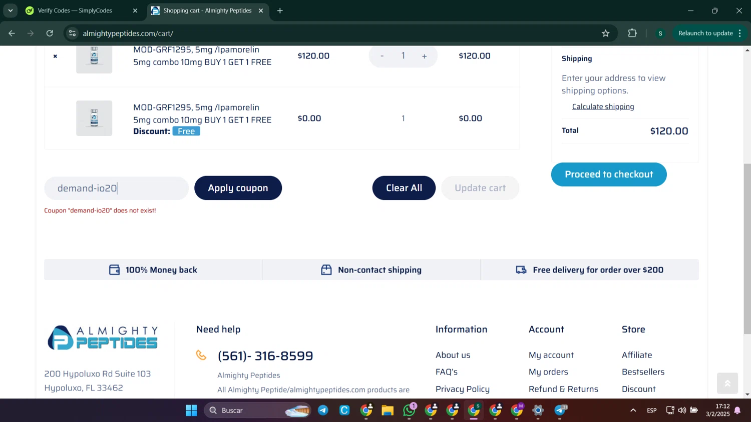 Almighty Peptides coupon code screenshot showing code demand-io20 applied at Almighty Peptides checkout page. Uploaded by SimplyCodes community member SaleHunter9008 on Feb 3, 2025