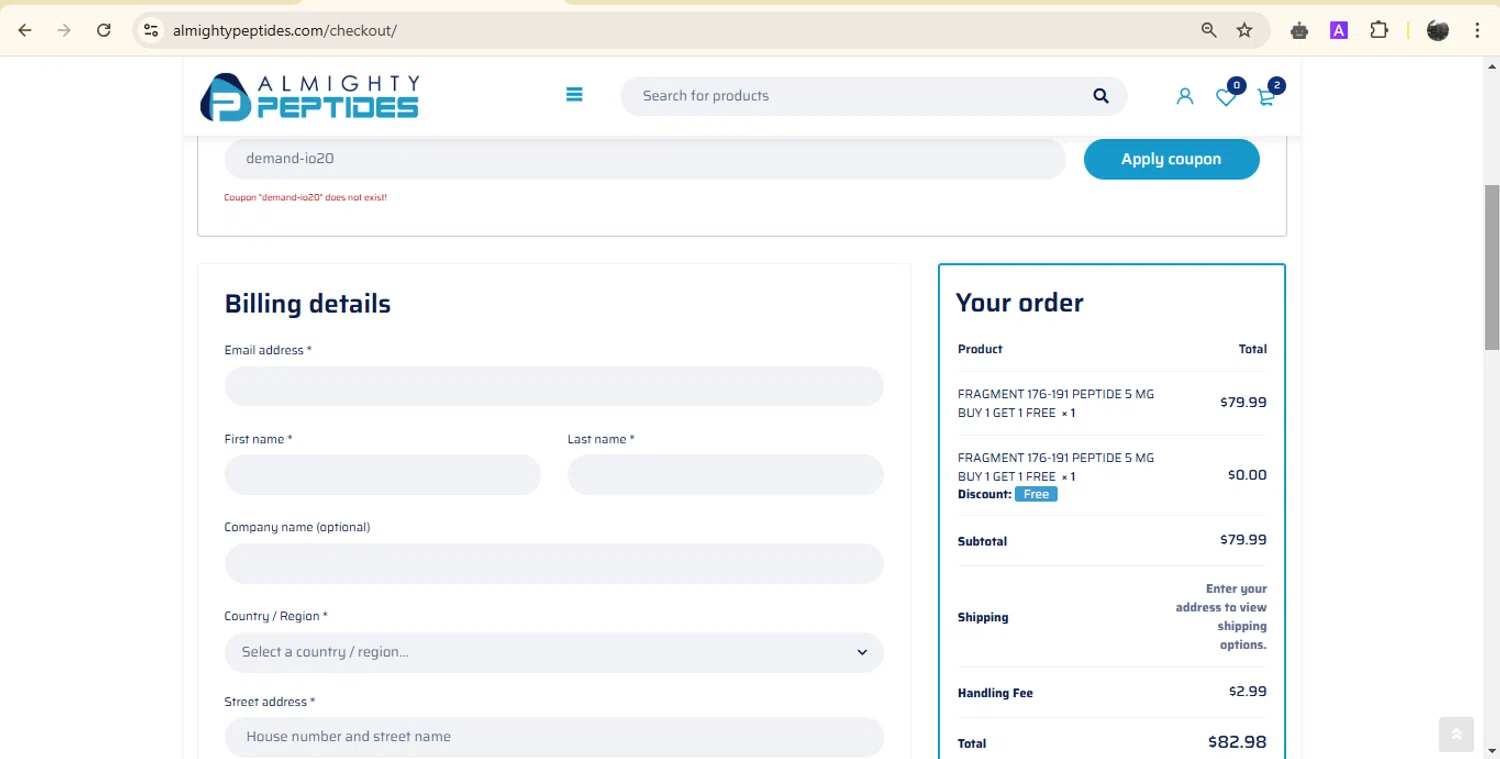 Almighty Peptides coupon code screenshot showing code demand-io20 applied at Almighty Peptides checkout page. Uploaded by SimplyCodes community member onebullet on Feb 3, 2025