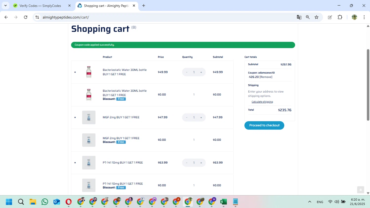 Almighty Peptides coupon code screenshot showing code adamszewc10 applied at Almighty Peptides checkout page. Uploaded by SimplyCodes community member FundoSinai on Jun 21, 2025