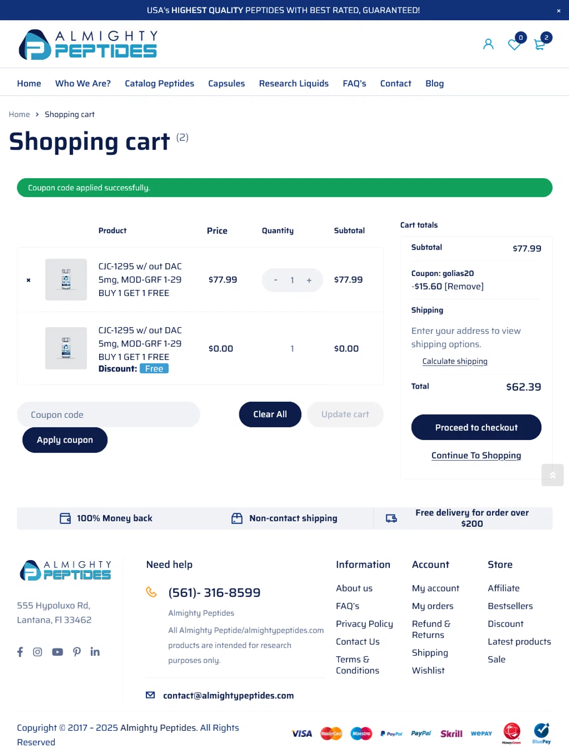 Almighty Peptides coupon code screenshot showing code GOLIAS20 applied at Almighty Peptides checkout page. Uploaded by SimplyCodes community member WladimirV on Sep 16, 2025
