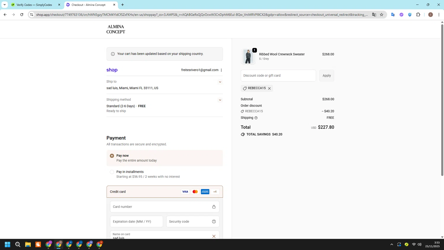 Almina Concept discount code screenshot showing code rebecca15 applied at Almina Concept checkout page. Uploaded by SimplyCodes community member CashSleuth106 on Nov 25, 2025