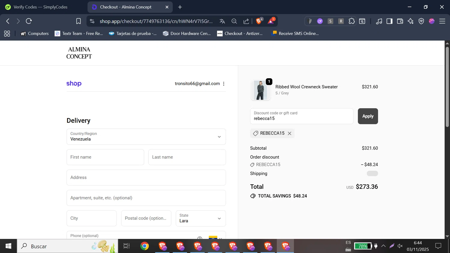 Almina Concept discount code screenshot showing code rebecca15 applied at Almina Concept checkout page. Uploaded by SimplyCodes community member MagnificentHawk9066 on Nov 3, 2025