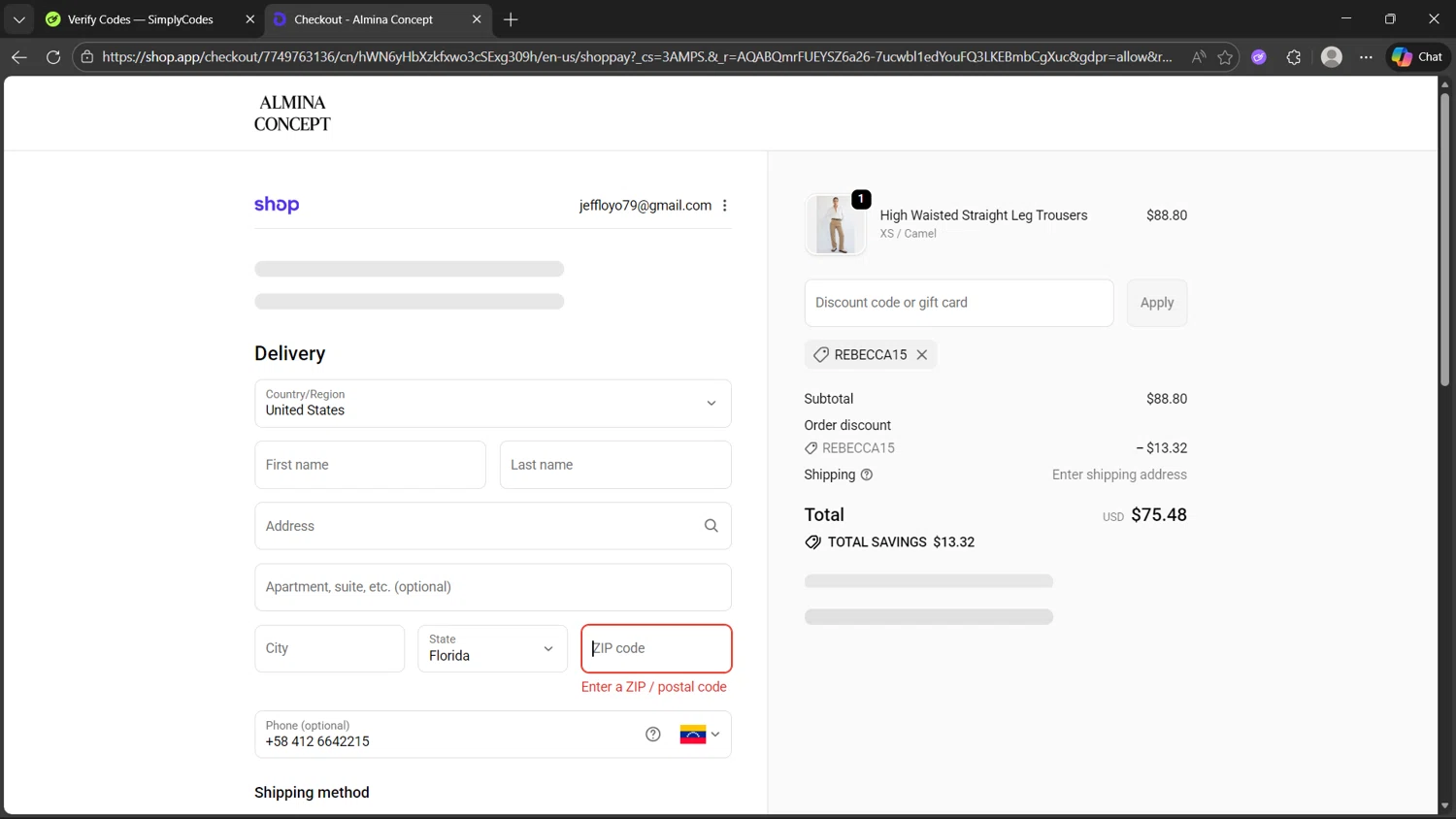 Almina Concept discount code screenshot showing code rebecca15 applied at Almina Concept checkout page. Uploaded by SimplyCodes community member steve_jeff on Dec 29, 2025
