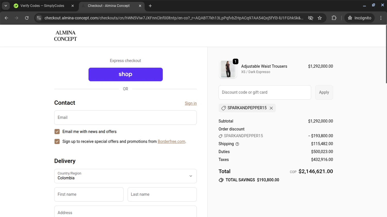 Almina Concept discount code screenshot showing code SPARKANDPEPPER15 applied at Almina Concept checkout page. Uploaded by SimplyCodes community member AVAMUSTANG on Nov 20, 2025