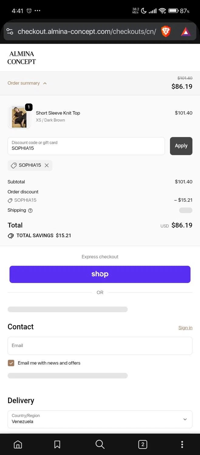 Almina Concept discount code screenshot showing code SOPHIA15 applied at Almina Concept checkout page. Uploaded by SimplyCodes community member RebateShopper5497 on Nov 20, 2025
