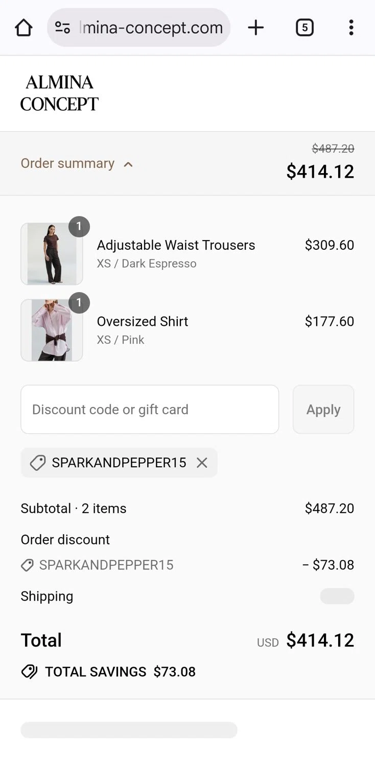 Almina Concept discount code screenshot showing code SPARKANDPEPPER15 applied at Almina Concept checkout page. Uploaded by SimplyCodes community member KarinaHZ on Jul 23, 2025