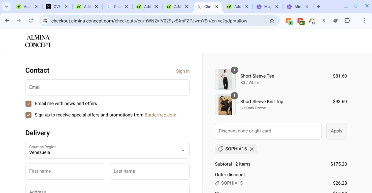 Almina Concept discount code screenshot showing code SOPHIA15 applied at Almina Concept checkout page. Uploaded by SimplyCodes community member KarinaHZ on Sep 13, 2025