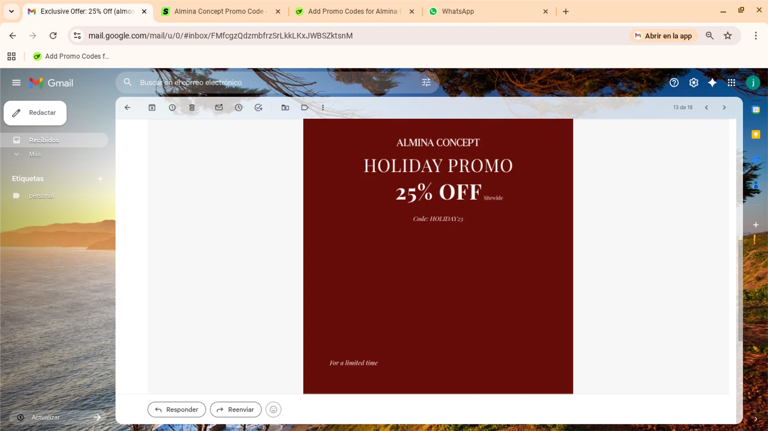 Almina Concept discount code screenshot showing code HOLIDAY25 applied at Almina Concept checkout page. Uploaded by SimplyCodes community member yennifergonzalez on Dec 17, 2025