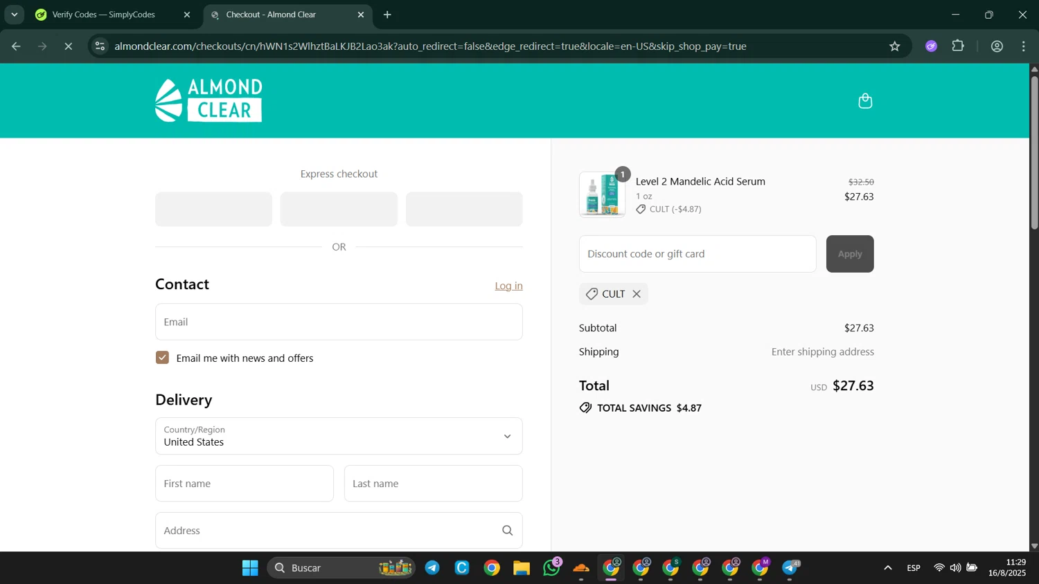 Almond Clear discount code screenshot showing code CULT applied at Almond Clear checkout page. Uploaded by SimplyCodes community member LuckyElite8069 on Aug 16, 2025
