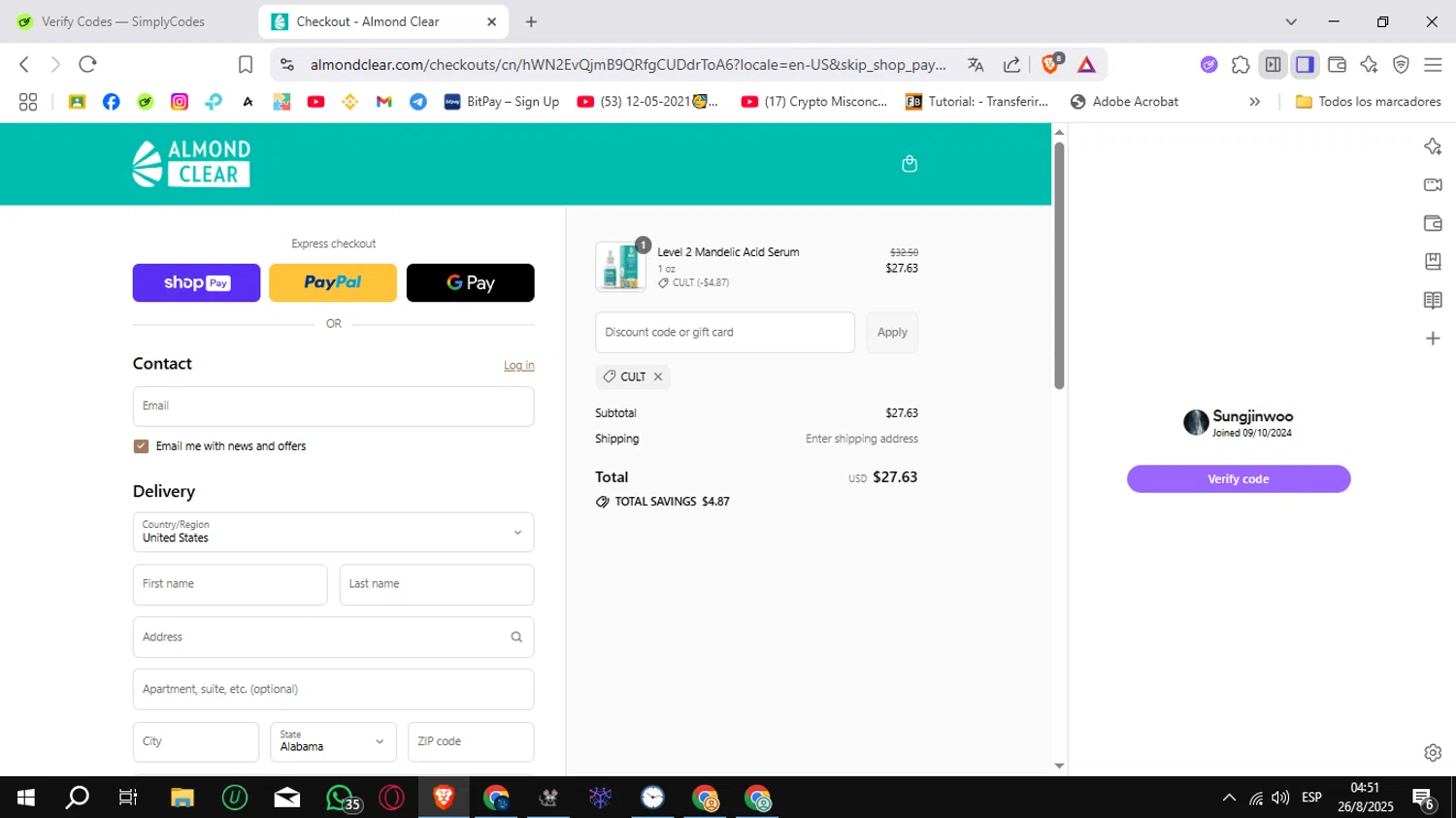 Almond Clear discount code screenshot showing code CULT applied at Almond Clear checkout page. Uploaded by SimplyCodes community member Sungjinwoo on Aug 26, 2025