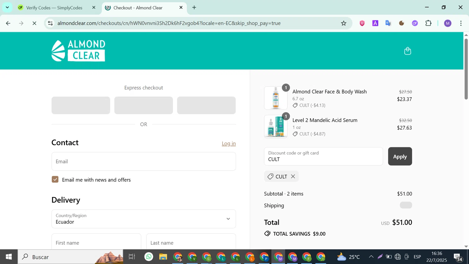 Almond Clear discount code screenshot showing code CULT applied at Almond Clear checkout page. Uploaded by SimplyCodes community member ValueLion1621 on Jul 22, 2025