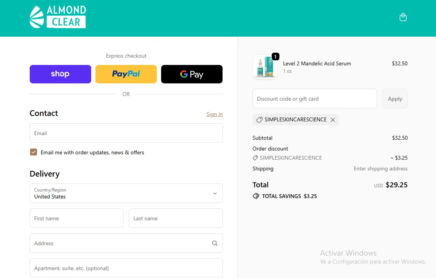 Almond Clear discount code screenshot showing code SIMPLESKINCARESCIENCE applied at Almond Clear checkout page. Uploaded by SimplyCodes community member Gary_23 on Oct 18, 2025