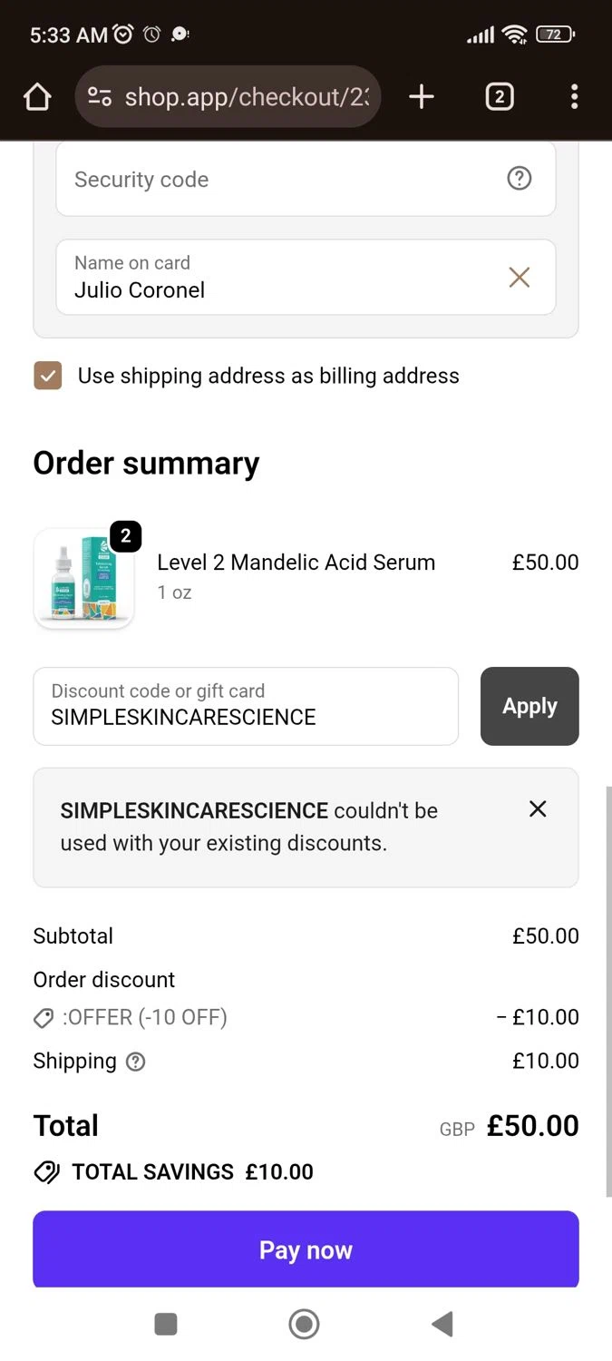 Almond Clear discount code screenshot showing code SIMPLESKINCARESCIENCE applied at Almond Clear checkout page. Uploaded by SimplyCodes community member juliocoronel038ef0f on Nov 29, 2025