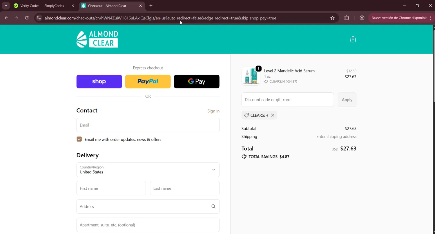 Almond Clear discount code screenshot showing code CLEARSJH applied at Almond Clear checkout page. Uploaded by SimplyCodes community member LuckyNavigator1490 on Oct 26, 2025
