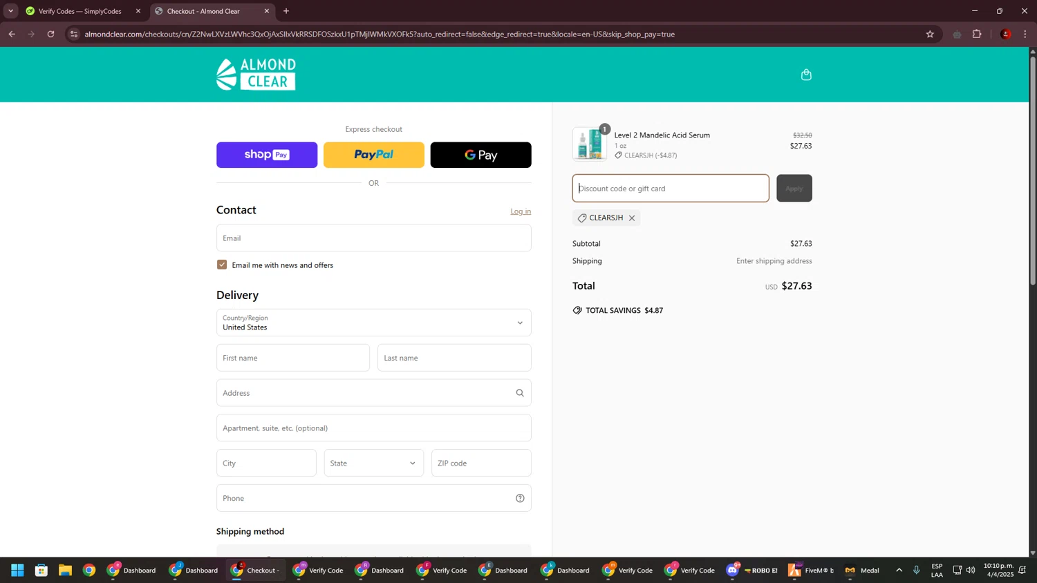 Almond Clear discount code screenshot showing code CLEARSJH applied at Almond Clear checkout page. Uploaded by SimplyCodes community member BrilliantSaver7516 on Apr 5, 2025