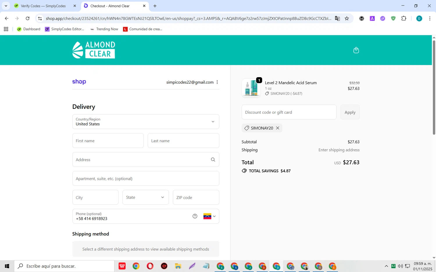 Almond Clear discount code screenshot showing code SIMONAY20 applied at Almond Clear checkout page. Uploaded by SimplyCodes community member MagnificentCollector5368 on Nov 1, 2025
