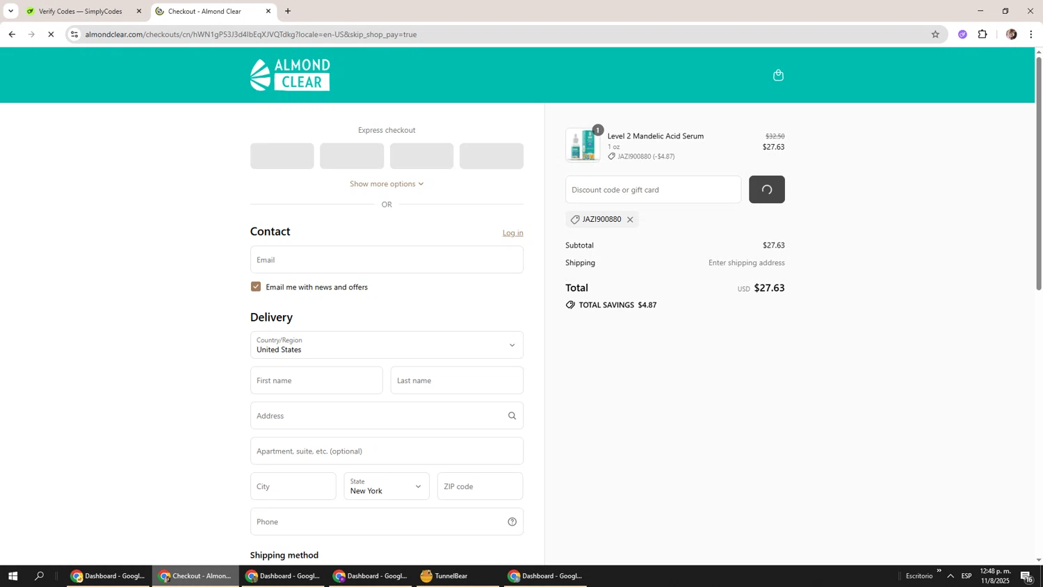 Almond Clear discount code screenshot showing code JAZI900880 applied at Almond Clear checkout page. Uploaded by SimplyCodes community member Levi_Ackerman on Aug 11, 2025