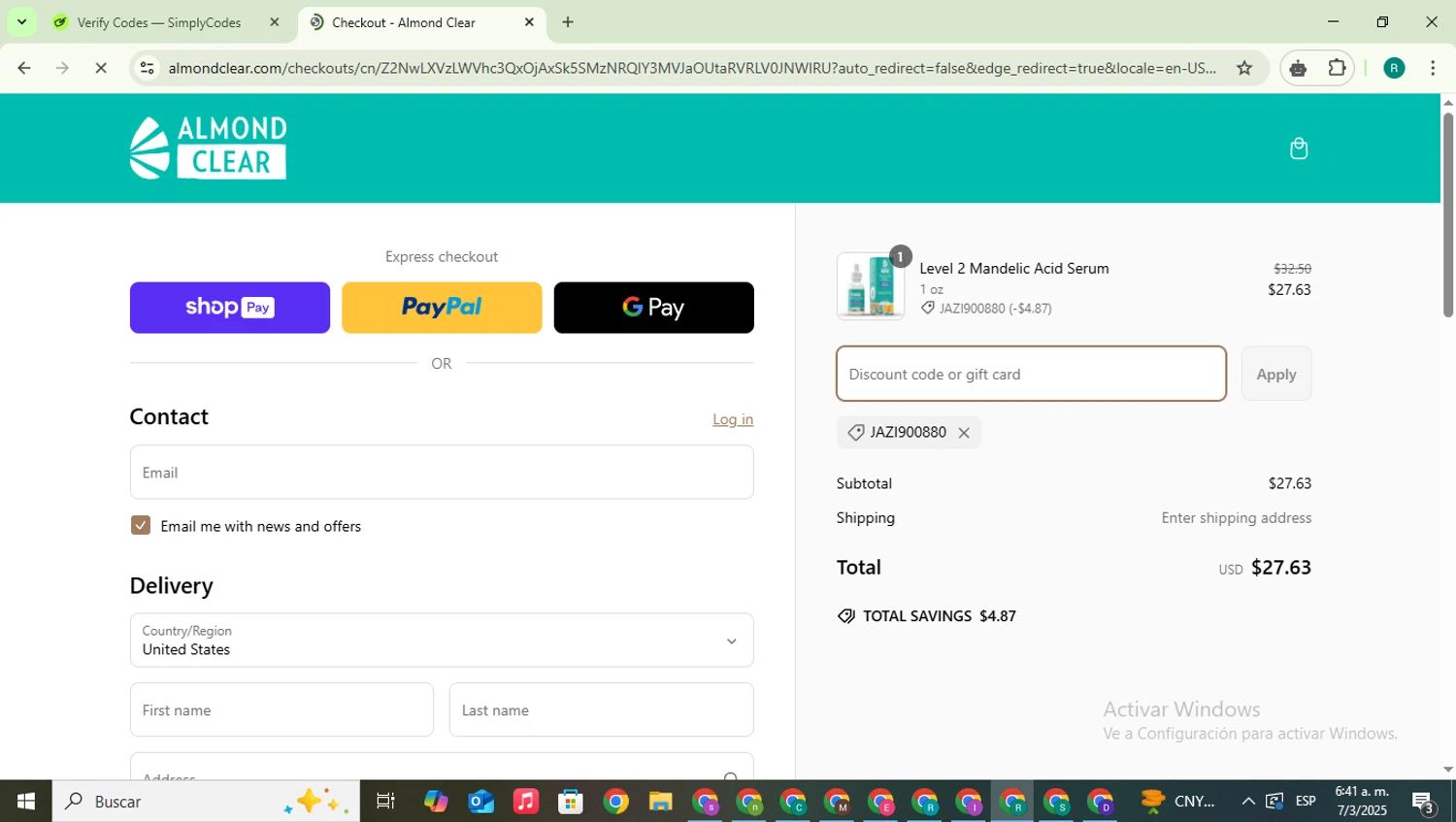 Almond Clear discount code screenshot showing code JAZI900880 applied at Almond Clear checkout page. Uploaded by SimplyCodes community member SavingsLegend387 on Mar 7, 2025