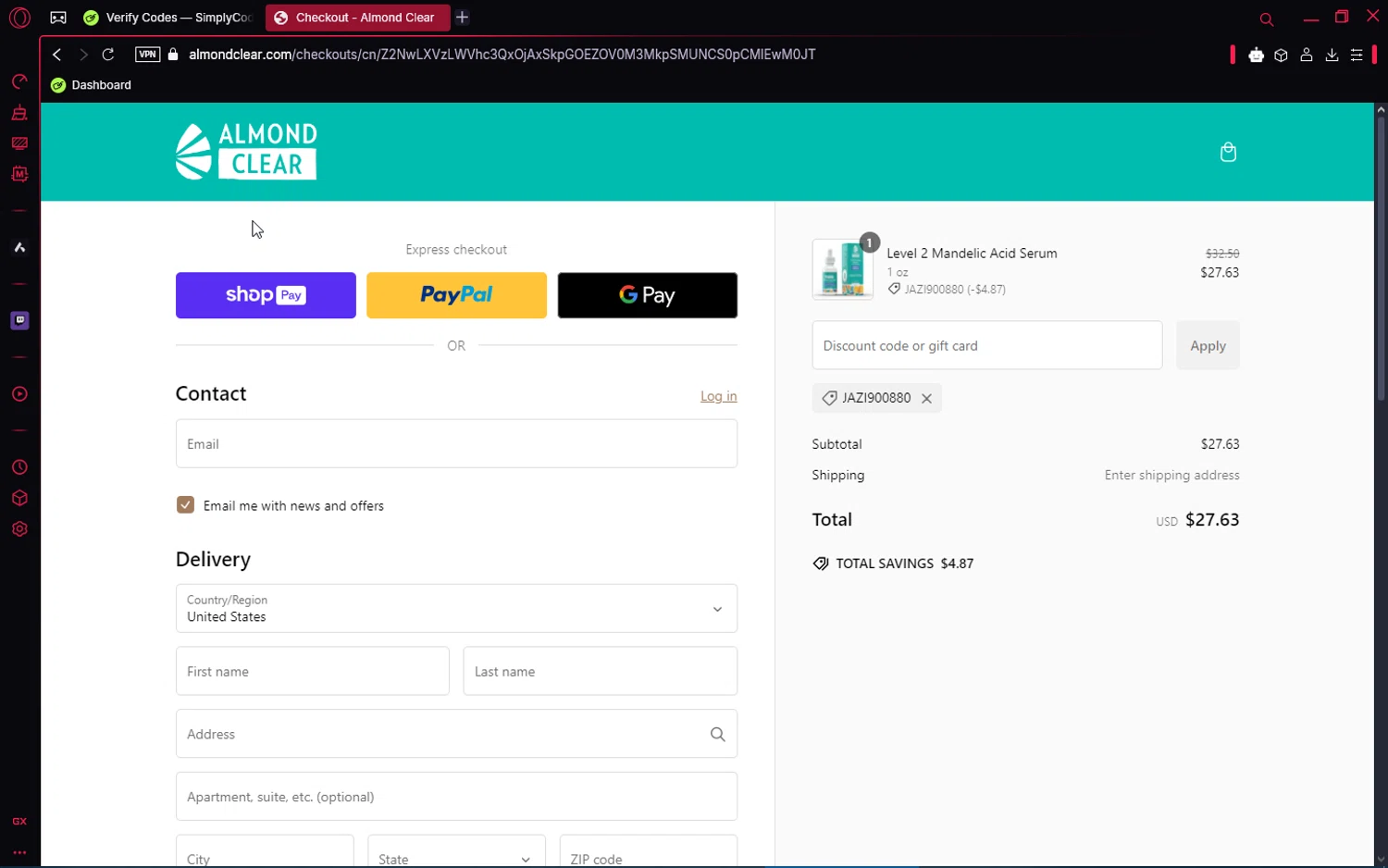 Almond Clear discount code screenshot showing code JAZI900880 applied at Almond Clear checkout page. Uploaded by SimplyCodes community member jakeperro on Jan 25, 2025