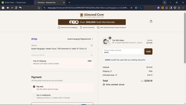 Almond Cow checkout page showing Almond Cow discount code box | Screenshot taken by SimplyCodes community member on Sep 15, 2025