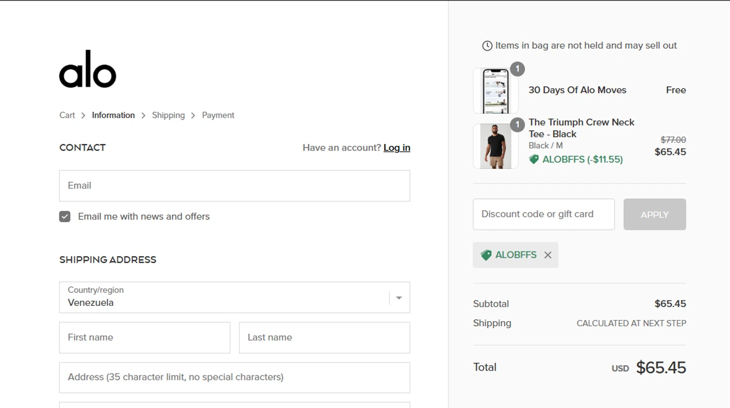 where to use Alo Yoga promo code box