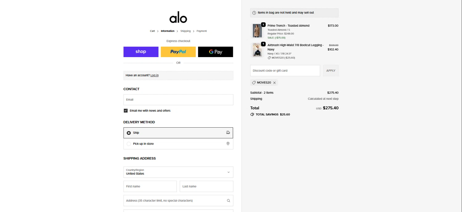 Alo Yoga promo code screenshot showing code moves20 applied at Alo Yoga checkout page. Uploaded by SimplyCodes community member pradenest_e8ec on Dec 25, 2025