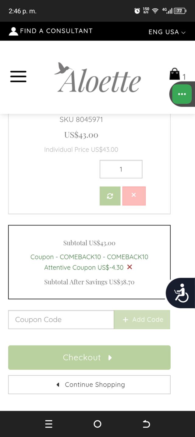 Aloette checkout page showing Aloette promo code box | Screenshot taken by SimplyCodes community member on Jun 15, 2025