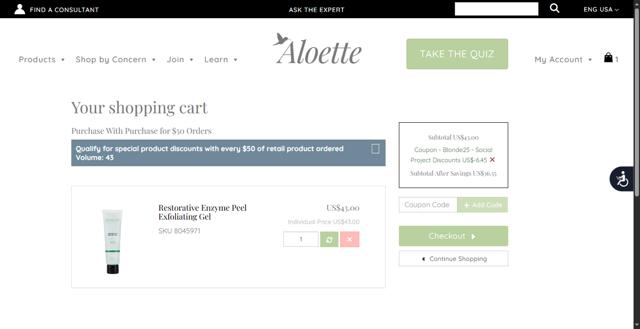 Aloette checkout page showing Aloette promo code box | Screenshot taken by SimplyCodes community member on Jun 8, 2025