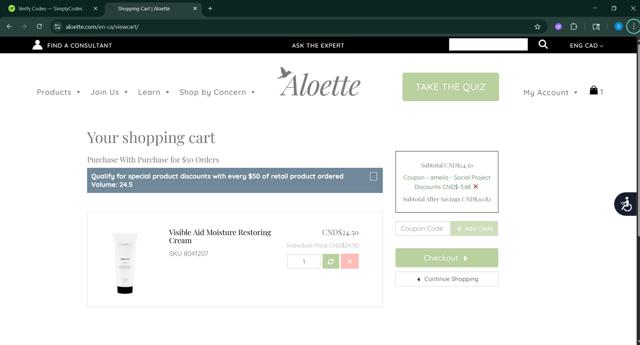 Aloette checkout page showing Aloette promo code box | Screenshot taken by SimplyCodes community member on Jun 15, 2025