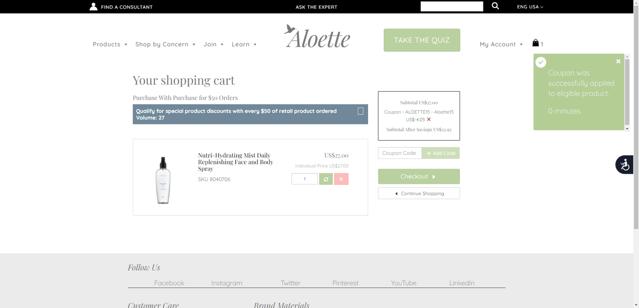 Aloette checkout page showing Aloette promo code box | Screenshot taken by SimplyCodes community member on Jul 15, 2025
