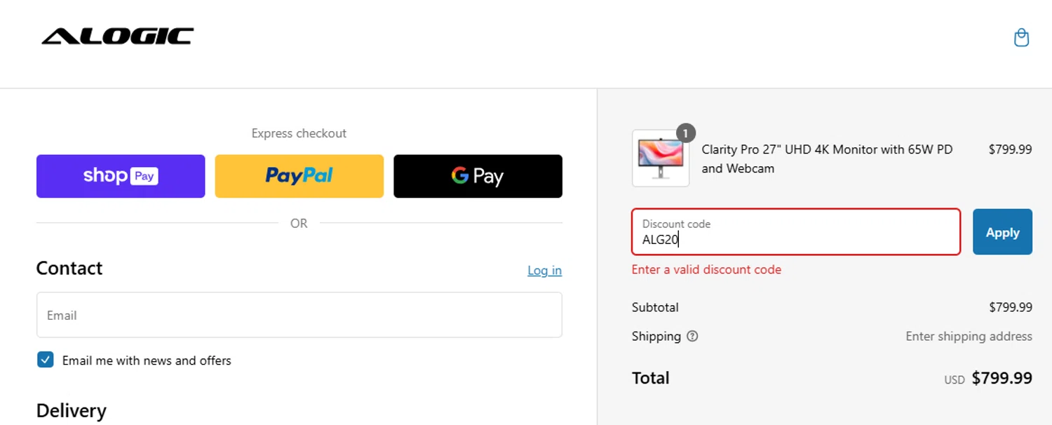 ALOGIC discount code screenshot showing code ALG20 applied at ALOGIC checkout page. Uploaded by SimplyCodes community member MordeKaiser on Feb 10, 2025