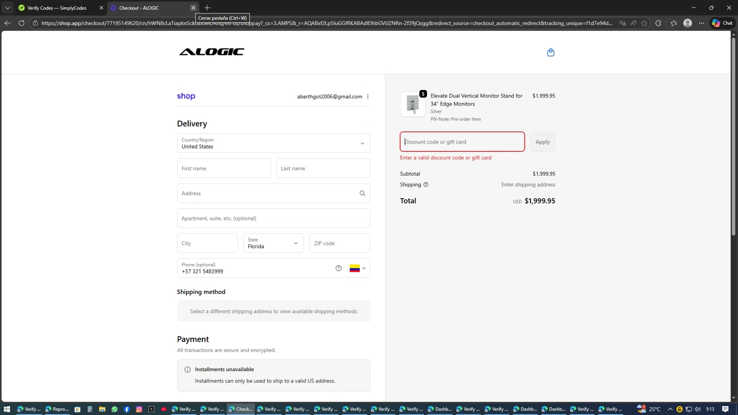 ALOGIC discount code screenshot showing code ALG20 applied at ALOGIC checkout page. Uploaded by SimplyCodes community member SAKURA on Feb 10, 2026