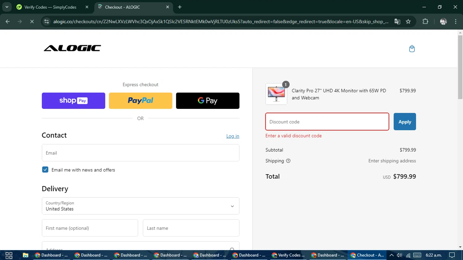 ALOGIC discount code screenshot showing code first10 applied at ALOGIC checkout page. Uploaded by SimplyCodes community member CleverLegend6607 on Feb 22, 2025