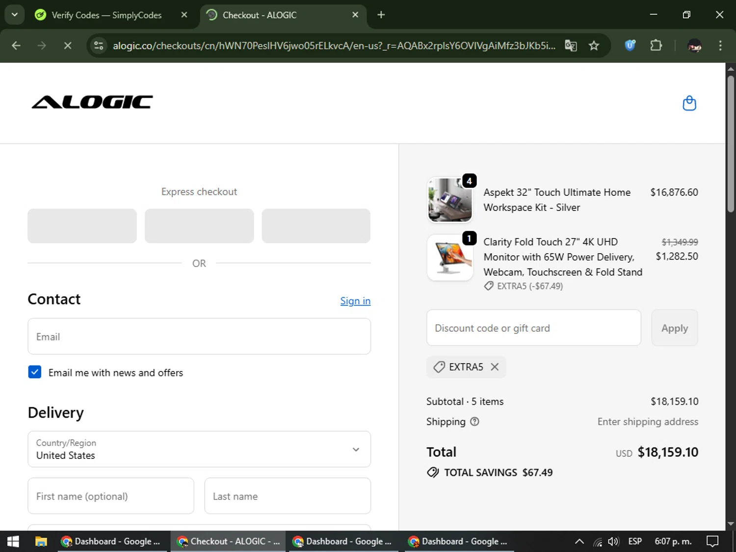 ALOGIC discount code screenshot showing code EXTRA5 applied at ALOGIC checkout page. Uploaded by SimplyCodes community member WonderCurator791 on Dec 29, 2025