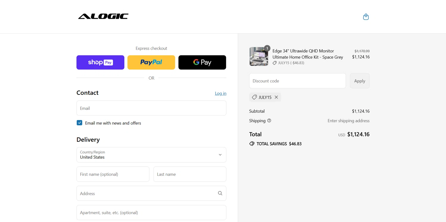 ALOGIC discount code screenshot showing code july15 applied at ALOGIC checkout page. Uploaded by SimplyCodes community member Dorothy on Jul 4, 2025