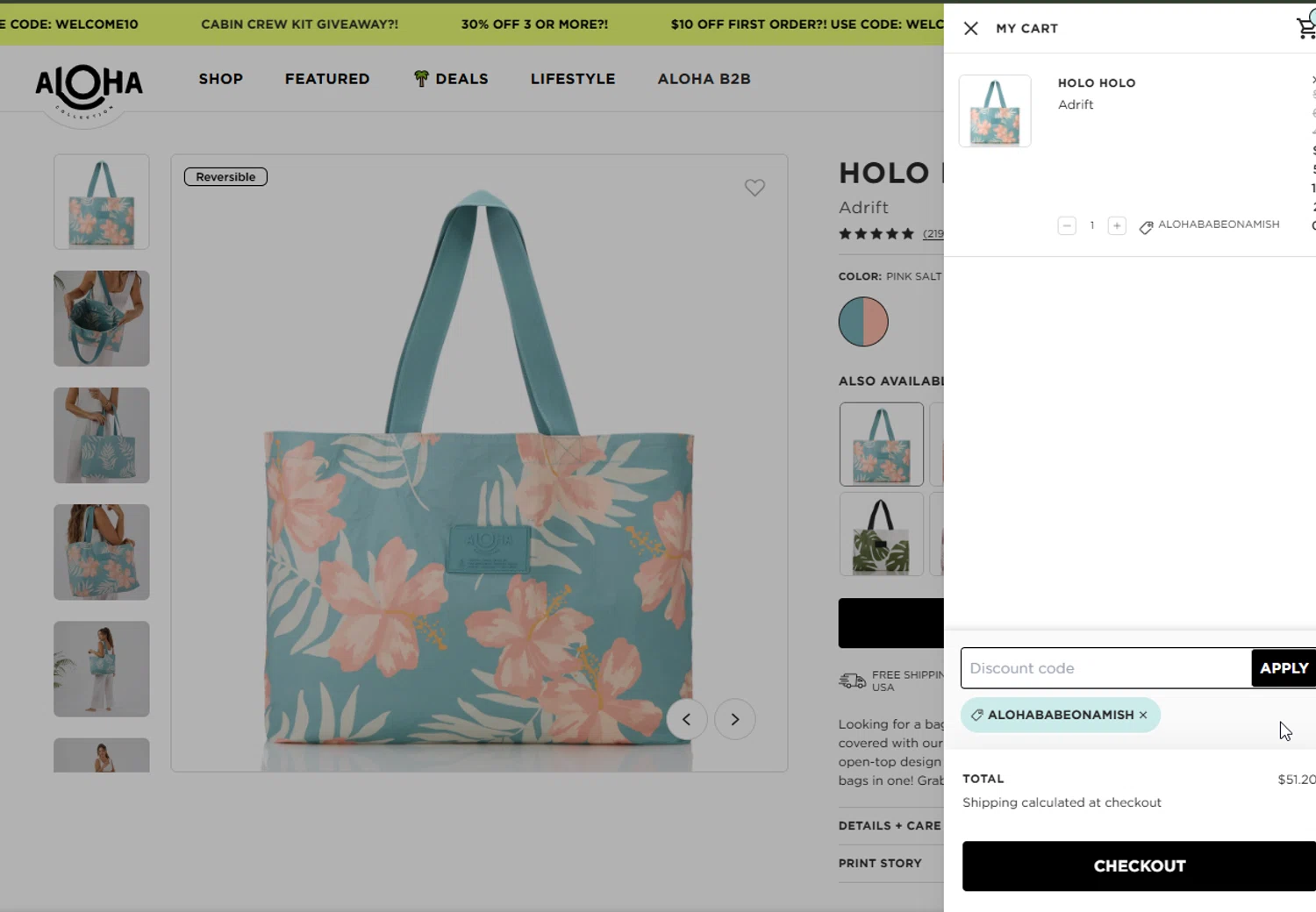 ALOHA Collection discount code screenshot showing code ALOHABABEONAMISH applied at ALOHA Collection checkout page. Uploaded by SimplyCodes community member CapitanCentella on Jan 18, 2025