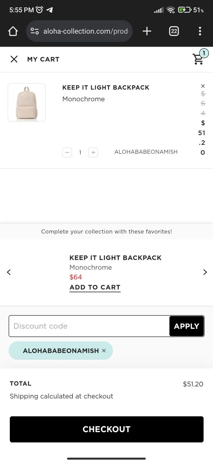 ALOHA Collection discount code screenshot showing code ALOHABABEONAMISH applied at ALOHA Collection checkout page. Uploaded by SimplyCodes community member Mortek on Jan 26, 2025