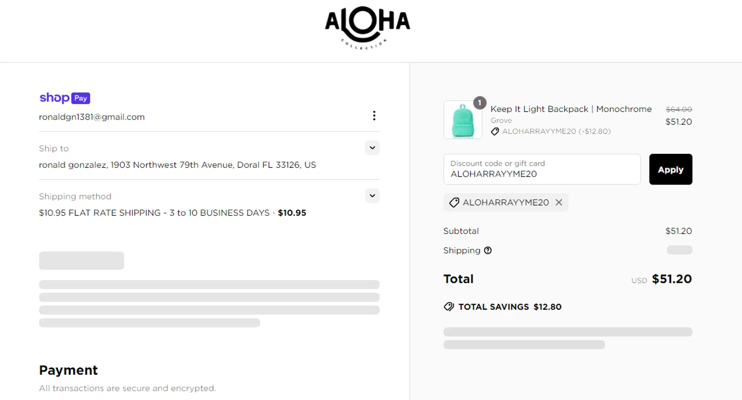 ALOHA Collection discount code screenshot showing code ALOHARRAYYME20 applied at ALOHA Collection checkout page. Uploaded by SimplyCodes community member SmartSaver7916 on Jun 22, 2025