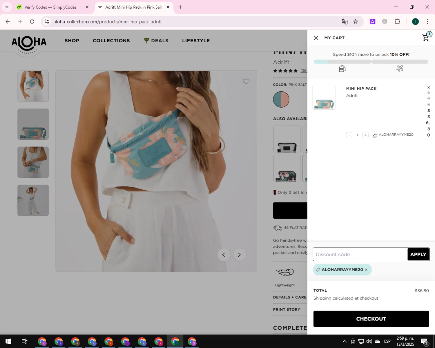 ALOHA Collection discount code screenshot showing code ALOHARRAYYME20 applied at ALOHA Collection checkout page. Uploaded by SimplyCodes community member BrilliantSleuth9299 on Mar 13, 2025