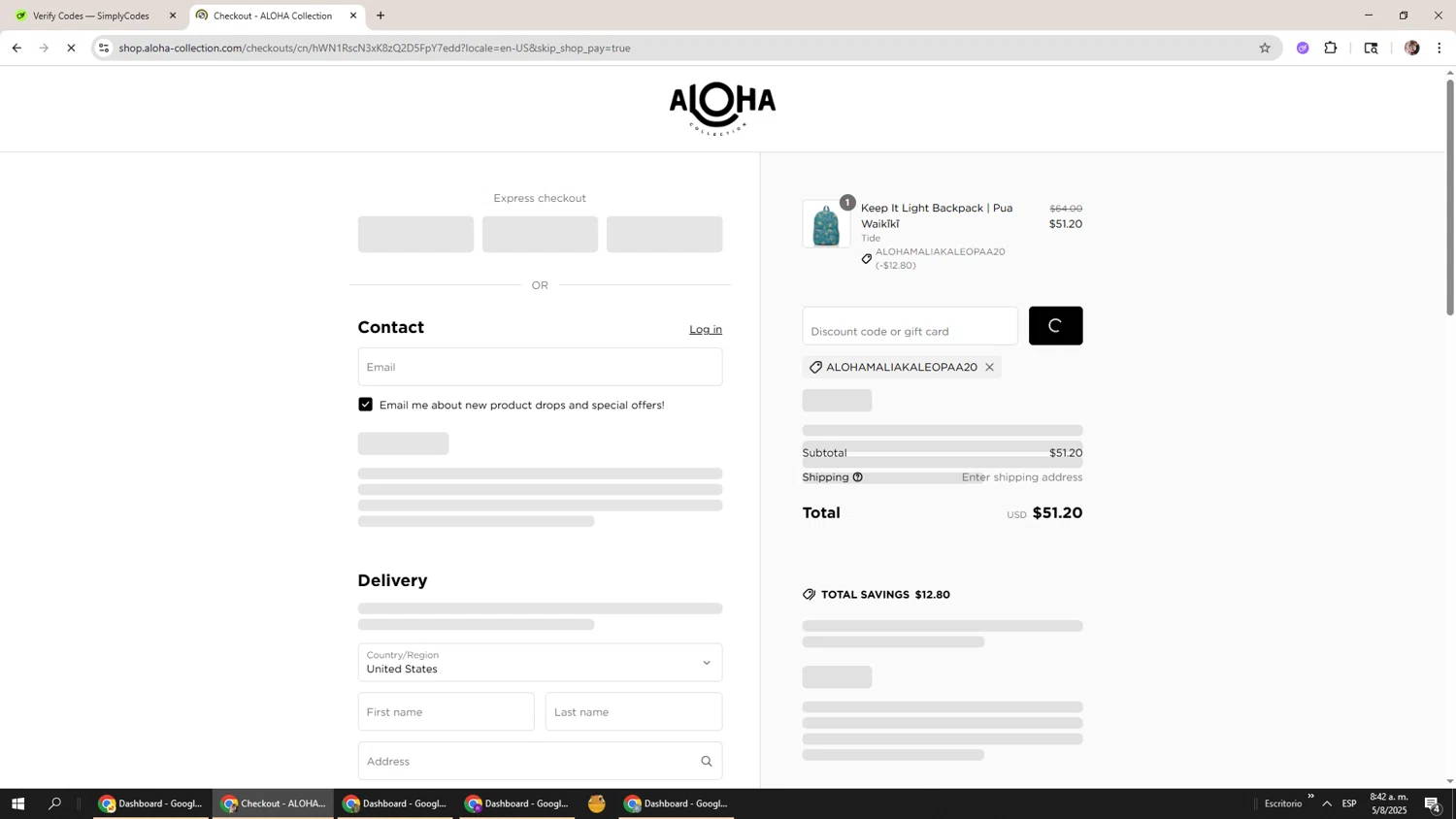 ALOHA Collection discount code screenshot showing code ALOHAMALIAKALEOPAA20 applied at ALOHA Collection checkout page. Uploaded by SimplyCodes community member Levi_Ackerman on Aug 5, 2025