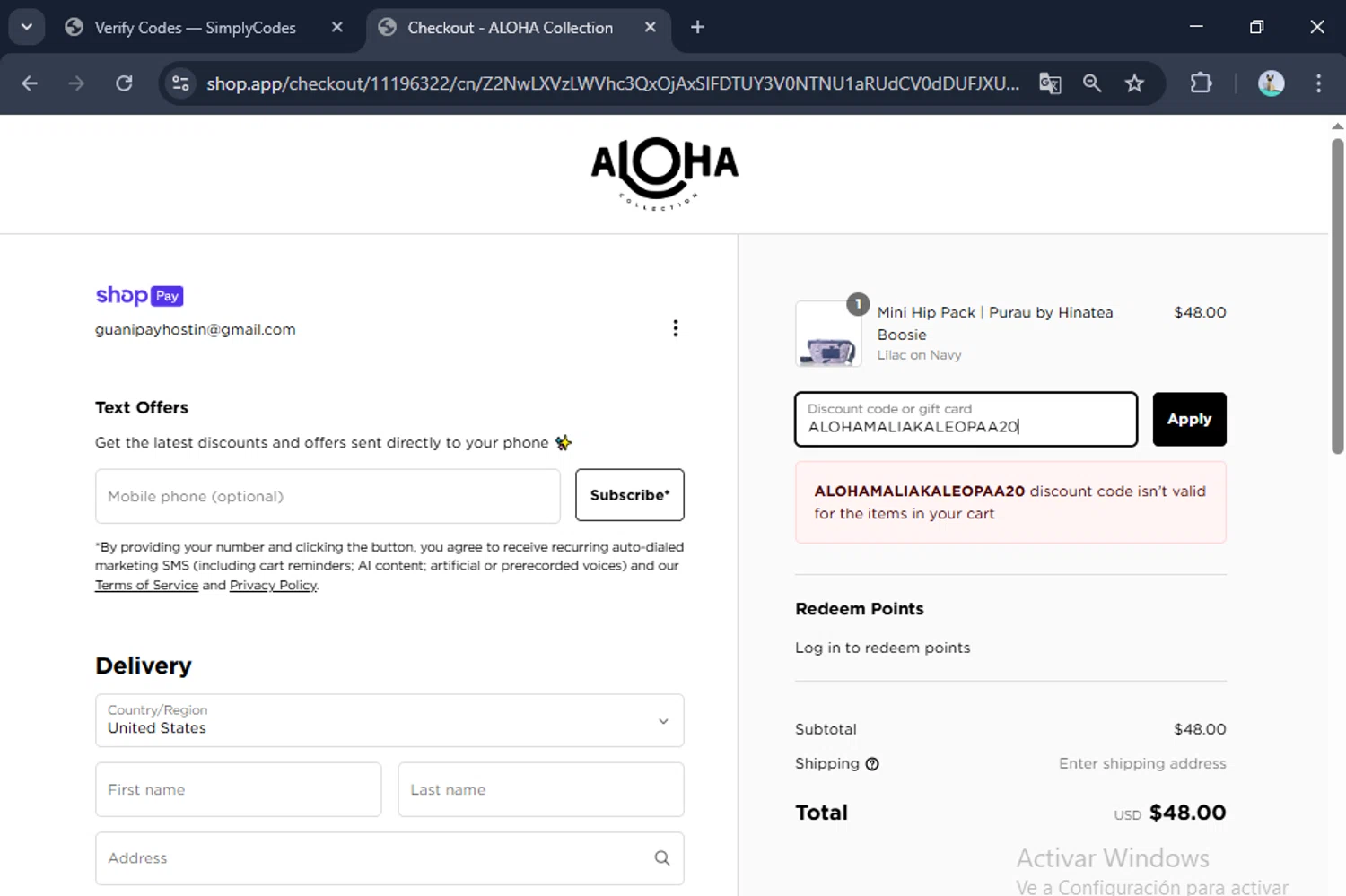 ALOHA Collection discount code screenshot showing code ALOHAMALIAKALEOPAA20 applied at ALOHA Collection checkout page. Uploaded by SimplyCodes community member toti2222 on Mar 27, 2025