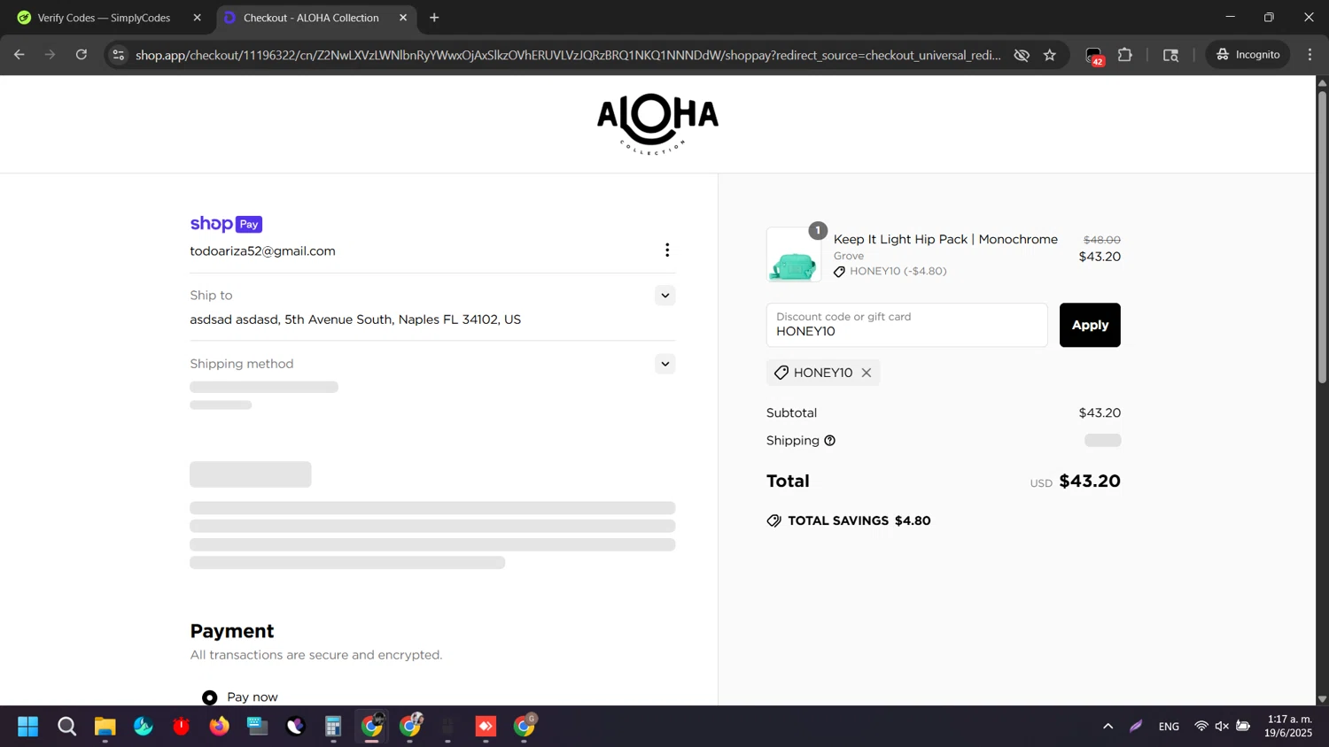ALOHA Collection discount code screenshot showing code HONEY10 applied at ALOHA Collection checkout page. Uploaded by SimplyCodes community member QueTeImporta on Jun 19, 2025