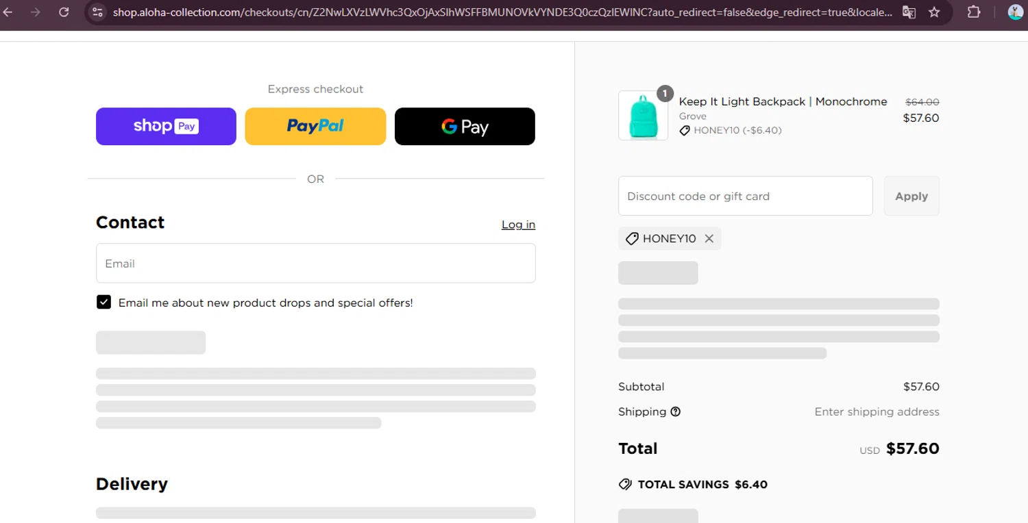 ALOHA Collection discount code screenshot showing code HONEY10 applied at ALOHA Collection checkout page. Uploaded by SimplyCodes community member elgatobravo on Jun 16, 2025