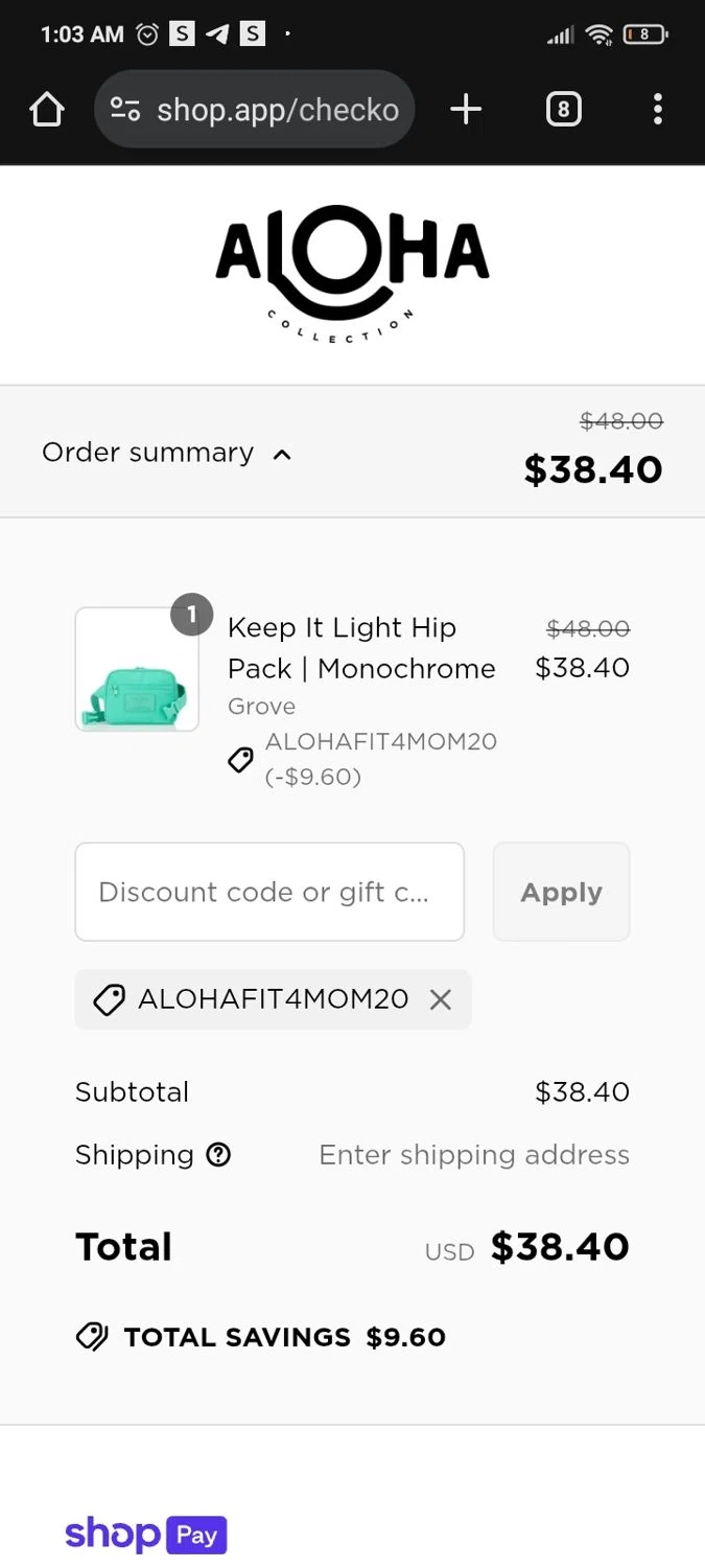 ALOHA Collection discount code screenshot showing code ALOHAFIT4MOM20 applied at ALOHA Collection checkout page. Uploaded by SimplyCodes community member PromoMaven605 on Jun 16, 2025