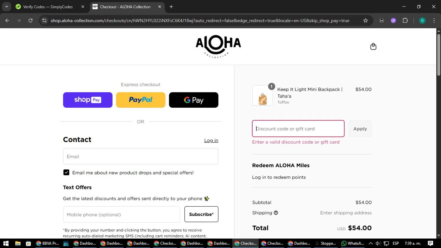 ALOHA Collection discount code screenshot showing code endless40 applied at ALOHA Collection checkout page. Uploaded by SimplyCodes community member LuckyDefender9428 on Aug 27, 2025