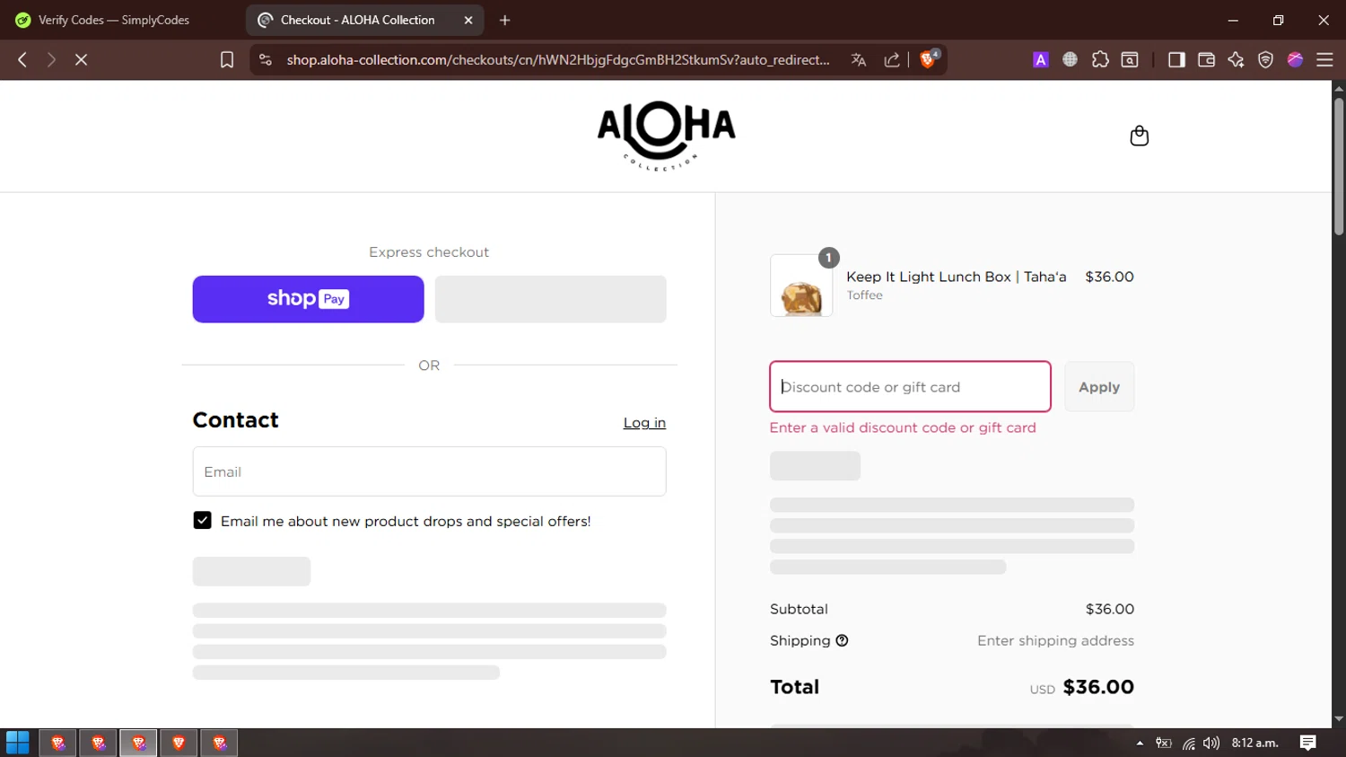 ALOHA Collection discount code screenshot showing code endless40 applied at ALOHA Collection checkout page. Uploaded by SimplyCodes community member Simplycodes_ on Aug 27, 2025