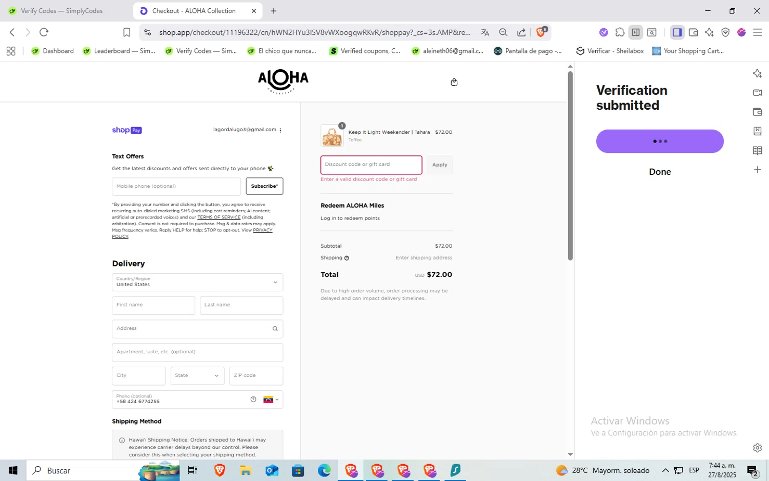 ALOHA Collection discount code screenshot showing code endless40 applied at ALOHA Collection checkout page. Uploaded by SimplyCodes community member holaquetal on Aug 27, 2025