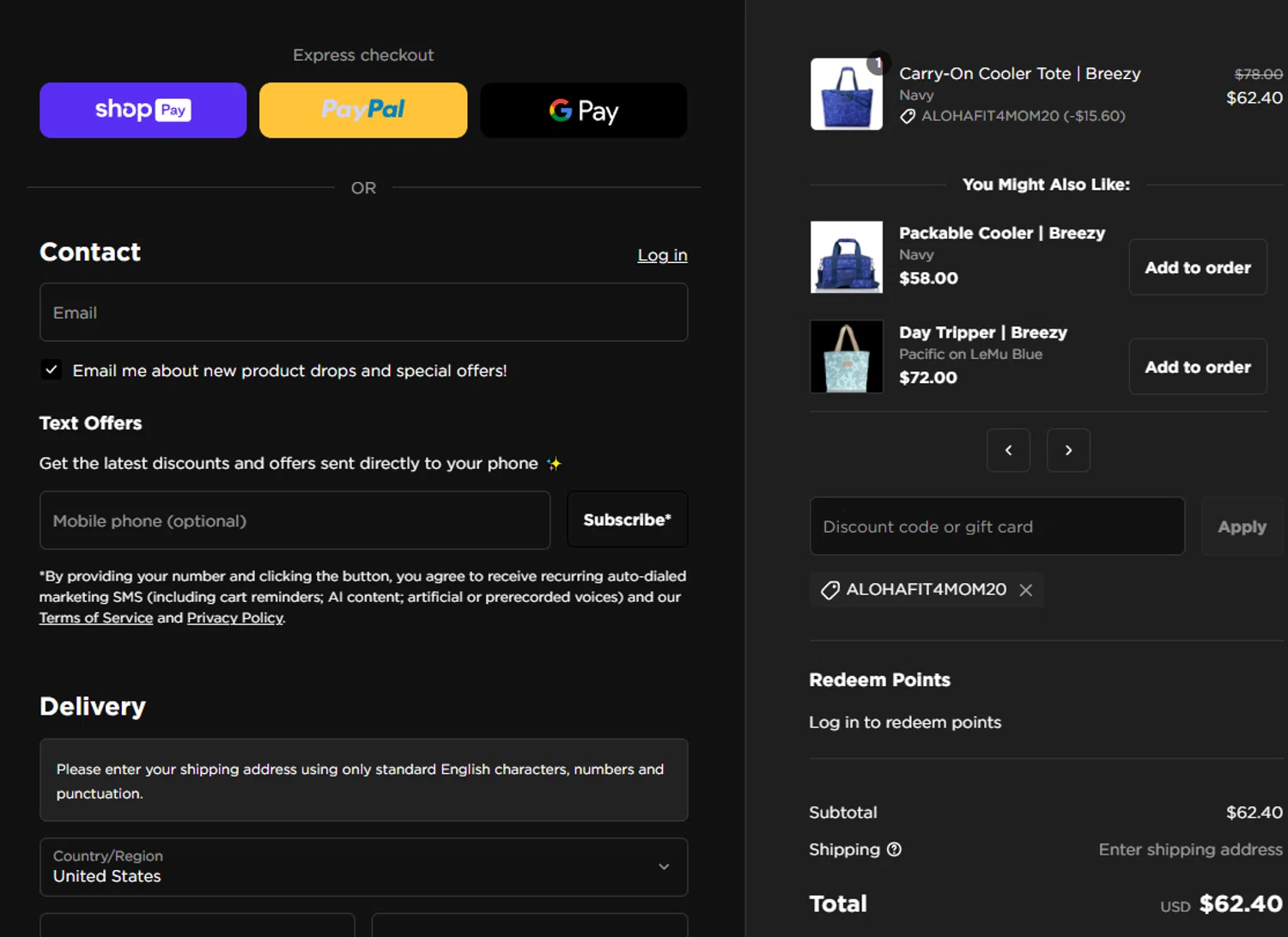 ALOHA Collection discount code screenshot showing code ALOHAFIT4MOM20 applied at ALOHA Collection checkout page. Uploaded by SimplyCodes community member SpiderGwen on Apr 27, 2025