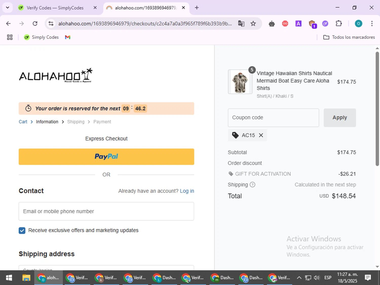 AlohaHoo coupon code screenshot showing code AC15 applied at AlohaHoo checkout page. Uploaded by SimplyCodes community member BudgetSeeker9524 on May 18, 2025