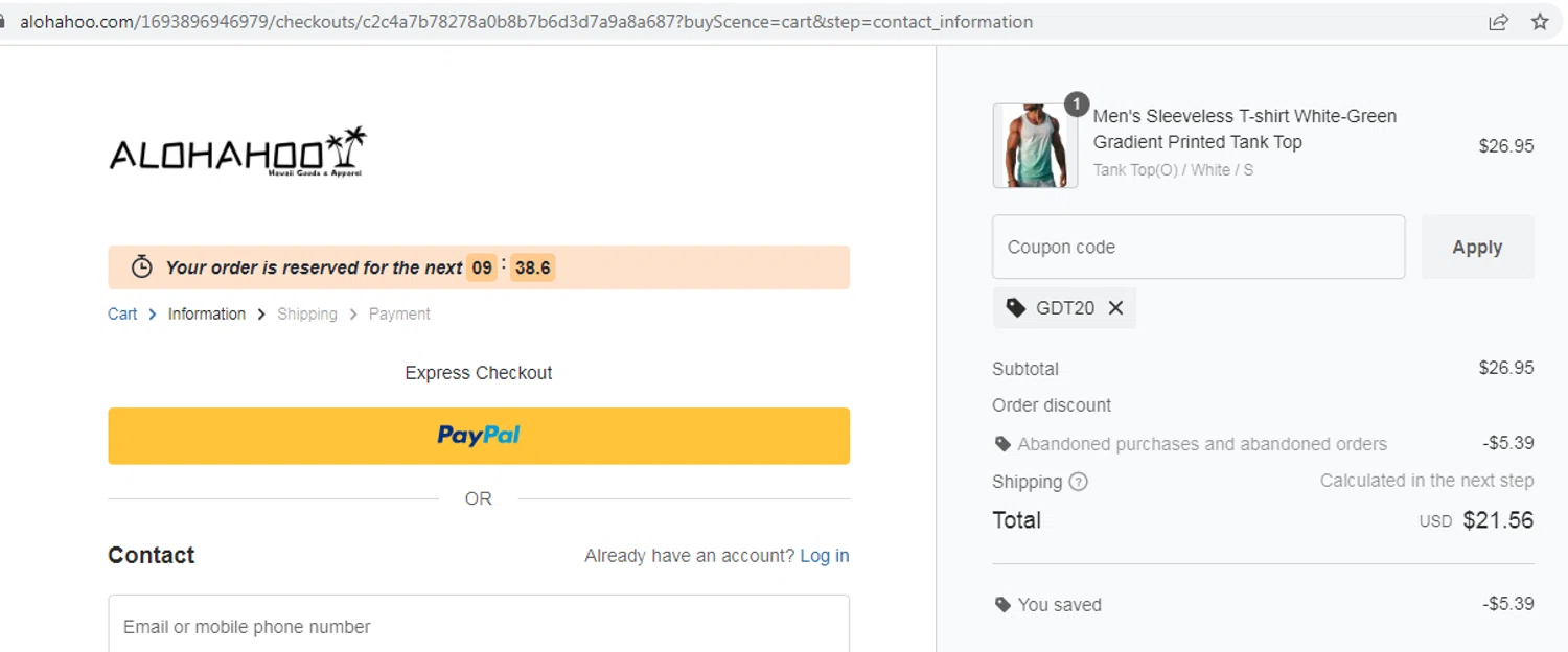 AlohaHoo coupon code screenshot showing code GDT20 applied at AlohaHoo checkout page. Uploaded by SimplyCodes community member EMILIANOMASABE on Sep 18, 2025
